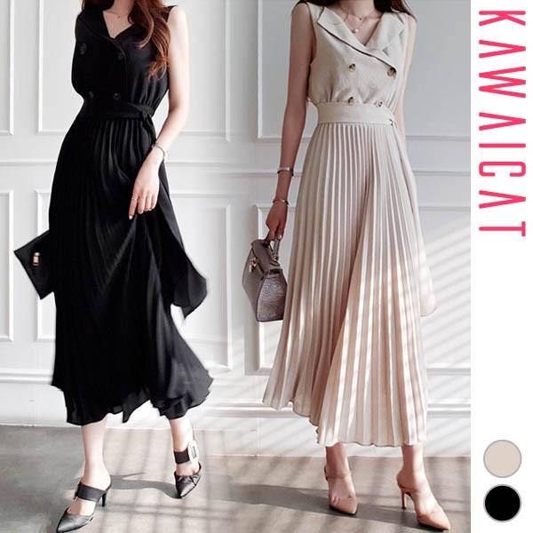 ワンピース レディース ノースリーブ プリーツ Vネック 襟付き ダブルボタン ロング シック 上品 エレガント 韓国 To Kawaicat 通販 Yahoo ショッピング