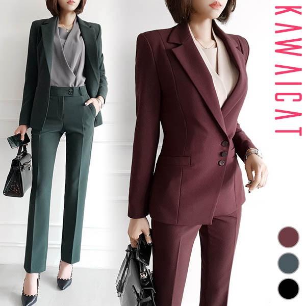 セットアップ レディース スーツ アシンメトリー ジャケット パンツ センタープレス 無地 タイト エレガント オフィス フォーマル 秋 冬 韓国 To Kawaicat 通販 Yahoo ショッピング