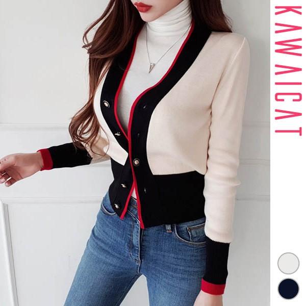 カーディガン レディース トップス ニット ショート丈 長袖 バイカラー 配色 シック スタイリッシュ 秋 冬 春 韓国 メール便可 To Kawaicat 通販 Yahoo ショッピング