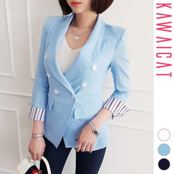 ジャケット レディース アウター テーラードジャケット 長袖 リネン 麻 ストライプ 袖折り返し ダブルボタン エレガント スタイリッシュ 春 夏 韓国 To211 Kawaicat 通販 Yahoo ショッピング