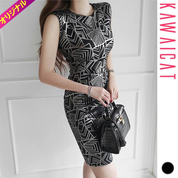 ワンピース レディース ノースリーブ 幾何学模様 シルバープリント キラキラ 肩パッド付き タイト 膝丈 ひざ丈 シック モダン 春 夏 秋 韓国 メール便可 To Kawaicat 通販 Yahoo ショッピング