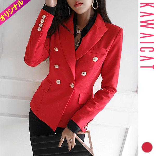 ジャケット レディース 長袖 アウター ダブルボタン 金ボタン タイト スリム レッド シック スタイリッシュ エレガント 春 秋 韓国 To Kawaicat 通販 Yahoo ショッピング