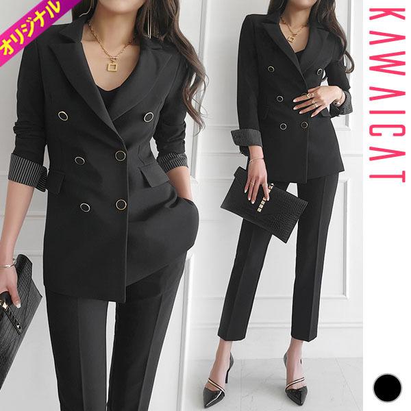 セットアップ レディース スーツ 長袖 2点セット ジャケット パンツ ダブルボタン 袖折返し シック スタイリッシュ 秋 春 韓国 To Kawaicat 通販 Yahoo ショッピング
