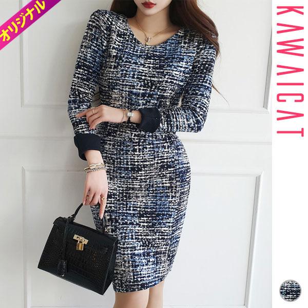 ワンピース レディース 長袖 幾何学模様 肩パッド付き タイト 膝丈 ひざ丈 シック モダン 春 秋 韓国 メール便可 To Kawaicat 通販 Yahoo ショッピング