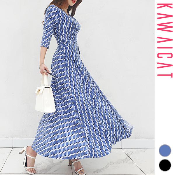 ワンピース レディース 7分袖 ロング マキシ フレア ラップ カシュクール Vネック ウエストリボン 幾何学模様 上品 きれいめ 春 夏 韓国 メール便可 To Kawaicat 通販 Yahoo ショッピング