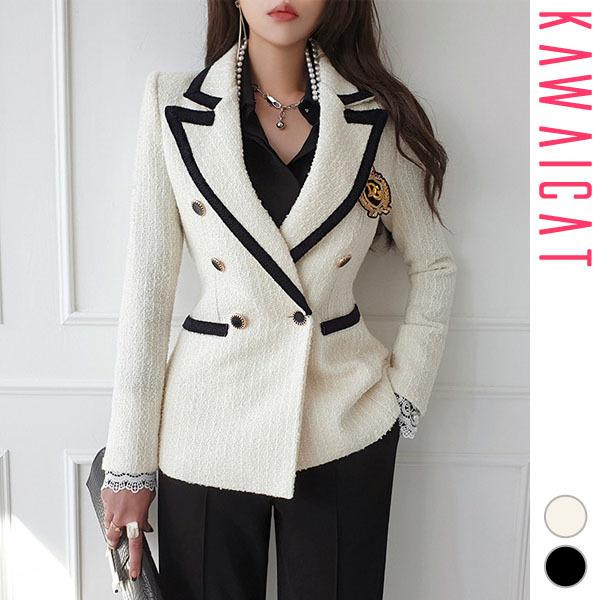 ジャケット レディース アウター テーラードジャケット 長袖 ツイード ダブルボタン 配色 上品 きれいめ オフィス 春 秋 韓国ファッション To Kawaicat 通販 Yahoo ショッピング