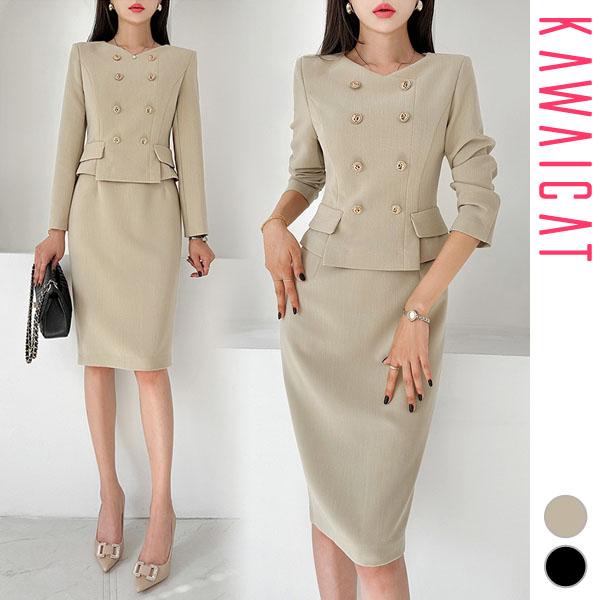 ワンピース レディース 長袖 タイト 膝丈 ひざ丈 ハイウエスト ダブル