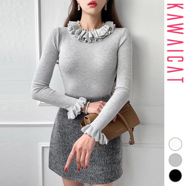 レディース トップス ニット 長袖 タイト フリル ラッフル ベル