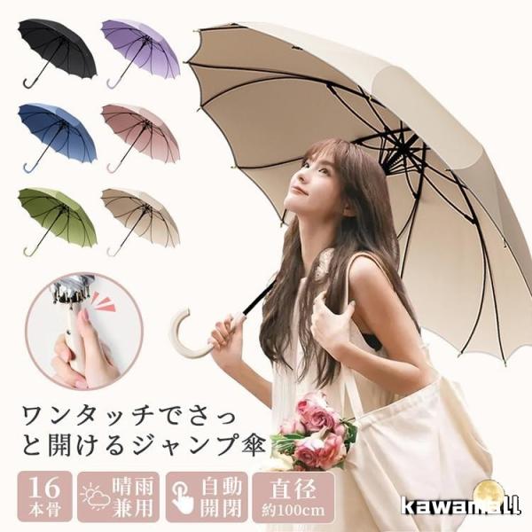 基本仕様■タイプ／長傘・ジャンプ傘　■サイズ／親骨：16本骨、全長：約81cm、開傘時直径：約100cm、重さ：約415g　■傘骨カラー／親骨：ブラック、中棒：ブラック　■素材／生地：ポリエステル100%、親骨：グラスファイバー、中棒：アル...