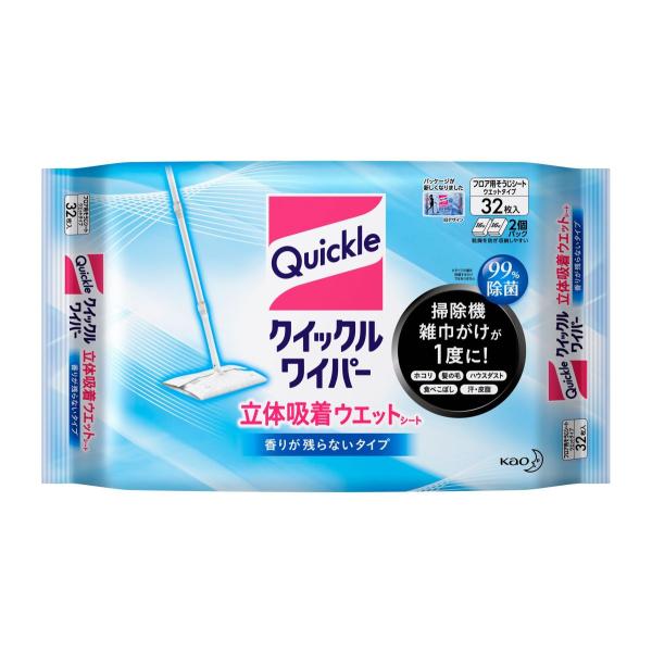 掃除機・雑巾がけが1度に！いろんな汚れが1度にとれる立体吸着ウエットシート。洗浄液を含んだ立体構造のシートにより、ホコリ・髪の毛・足裏汚れ・泥汚れまで1度に拭きとれます。99％除菌＊ ＆消臭。掃除機をかけずに、いきなり使ってもOK！1枚（両...