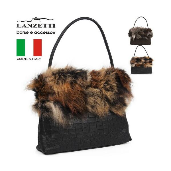 イタリア製 牛革 軽量 ファー付きハンドバッグ 型押し レディースバッグ LANZETTI ランゼッティ Art.3087