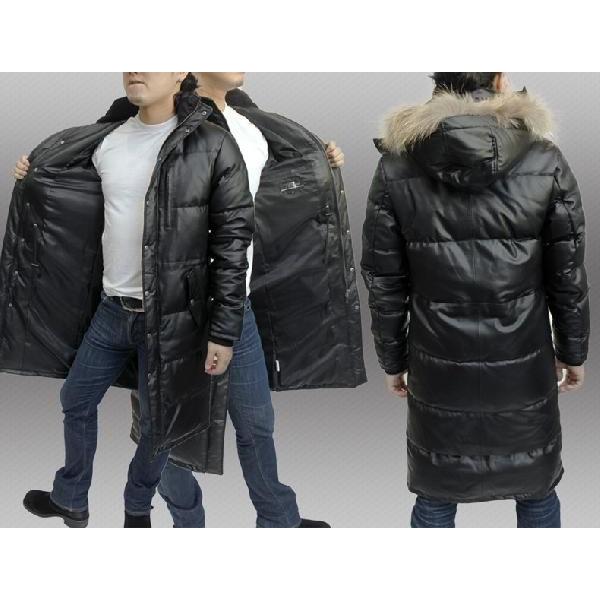メンズ レザーコート ダウンコート フード付き 革コート ラム革 ロング