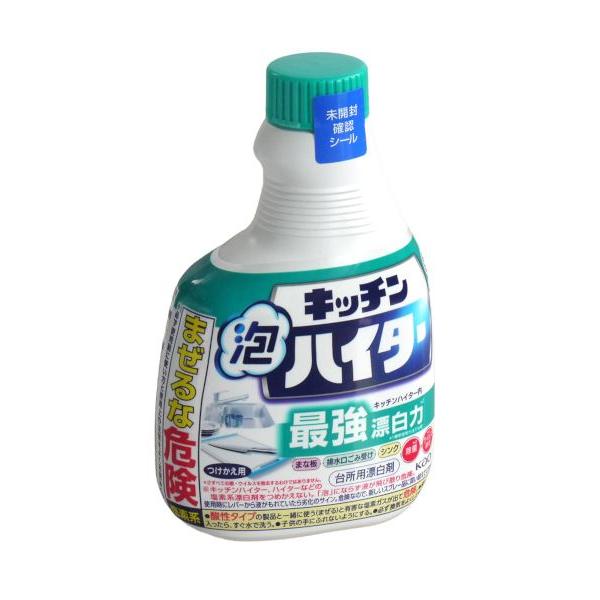 つけかえ用のキッチン泡ハイターです。「キッチン泡ハイター 本体 400ml」(JAN:4901301435927)のヘッドを取り付けてお使いください。泡で出るスプレータイプで簡単に除菌、漂白、消臭ができます。まな板・包丁・食器・急須・シンク...