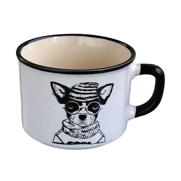 マグカップです。犬のイラストのマグカップです。かわいいカップでゆったりカフェタイムをお楽しみください。【！陶磁器について！】傷、ピンホール(針を刺したような穴)、鉄粉(1mm程の小さな黒い点)、釉薬のムラ等がある場合がございます。(普段ご家...