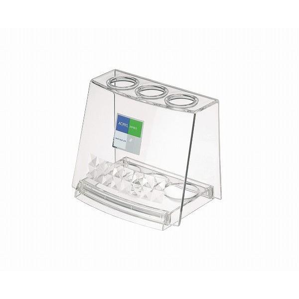 歯ブラシスタンドです。歯ブラシを３本収納できます。アクリルのクリアタイプで見た目もスッキリします。●サイズ（約）・９０×６０×高さ７５ｍｍ●色・クリアー●耐熱７０度／耐冷−２０度●原料樹脂・メタクリル樹脂●用途・ハブラシスタンド　歯ブラシ立...