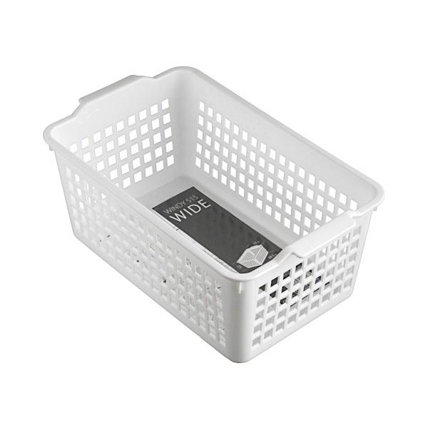 〇ワイドタイプのストックバスケットです。持ち運びやすい、持ち手付きです。収納庫の整理整頓に最適です。キッチンやダイニング、ご家庭のあらゆるシーンで活躍します。●外寸サイズ（約）・１７０×２８１×高さ１２０ｍｍ　●内寸サイズ（約）・１３２×２...