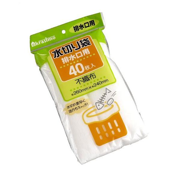排水口用の水切り袋、40枚入りです。薄くて丈夫な不織布を使用しております。すばやく水切れします。油分を吸着し、シンクにぬめりが付きにくく衛生的です。●1枚のサイズ(約)・260×240mm●材質・ポリプロピレン ポリエチレン●用途・水切り袋...