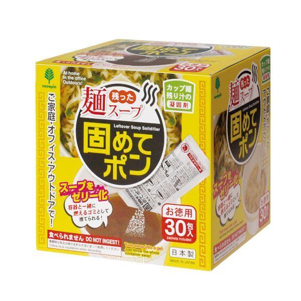 カップ麺の残り汁の凝固剤、30包入りです。残り汁の入ったカップ麺容器に一袋を全部入れてください。かき混ぜてしばらく置くと残り汁が固まります。使用の目安は約180ccに対して1包です。スープがゼリー化し、そのまま容器ごと燃えるゴミとして捨てら...