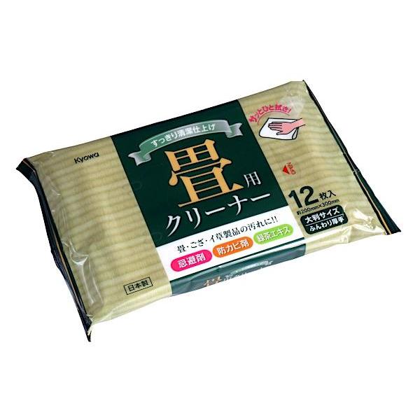 畳用のクリーナー、12枚入りです。タップリ拭ける大判サイズのふんわり厚手シートです。忌避剤・防カビ剤・緑茶エキス配合です。畳・ござ・い草の汚れをすっきり拭きあげます。※水洗トイレには流さないでください●1枚のサイズ(約)・200×300mm...