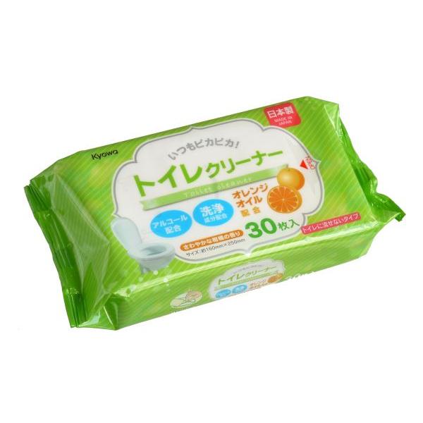 トイレクリーナー、30枚入りです。洗浄成分配合で便器・タンク・タイル等の拭き掃除ができます。オレンジオイル配合のさわやかな柑橘の香りです。※トイレには流せません●1枚のサイズ(約)・160×250mm●香り・さわやかな柑橘●材質・パルプ●成...
