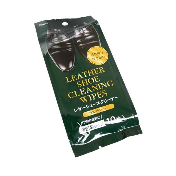 レザーシューズクリーナー、10枚入りです。革靴の汚れ取りやツヤ出しに適したウェットシートです。外出時に便利な個包装タイプです。●1枚のサイズ(約)・180×160mm●材質・ポリエステル レーヨン●成分・水 光沢剤 保湿剤 界面活性剤 防腐...