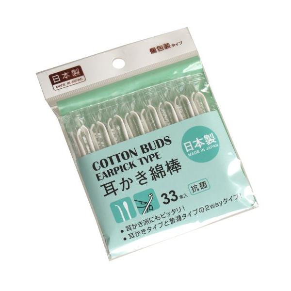 綿棒、33本入りです。耳かきと綿棒が1本になったの2WAYタイプです。個包装で衛生的です。お出かけや旅行などの携帯にも便利です。●1本のサイズ(約)・75mm●材質・軸:紙 綿球:脱脂綿 抗菌剤:キトサン(綿表面)●用途・綿棒 耳かき 耳掃...