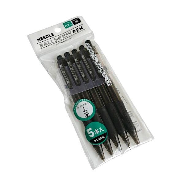 ニードルボールペン ノック式 黒 油性 ボール径0.7mm 5本入 (100円  