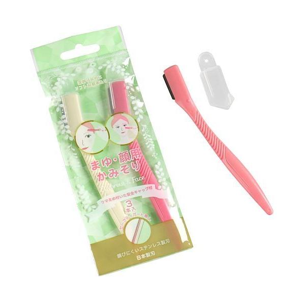 眉・顔用のかみそり、3本入りです。深剃りできるステンレス製刃先です。特殊ポリマーコーティング処理でソフトな肌あたりです。ツマミの付いた安全キャップ付きです。眉毛や顔のうぶ毛剃りなどのお手入れにお使いください。●1本のサイズ(約)・18×14...