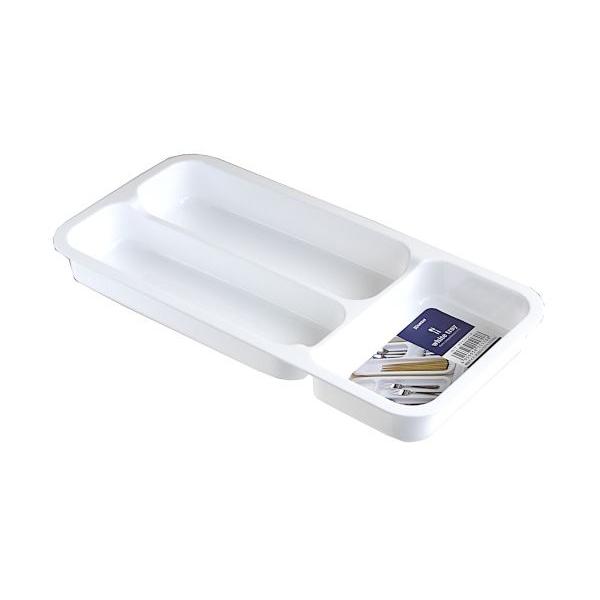 トレイです。お箸・スプーン・フォークなどのカトラリーの収納に適したトレイです。引き出しの中をまとめてスッキリ整理できます。●サイズ(約)・320×157×高さ37mm●色・白●耐熱120度/耐冷-20度●材質・ポリプロピレン●用途・トレイ ...