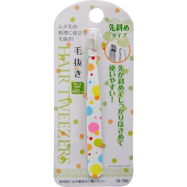 ○毛抜きです。先が斜めでしっかりはさめて使いやすいまゆ毛、ムダ毛の除去用です。※ガラの印刷位置は異なります。●サイズ（約）・全長９５ｍｍ●材質・ステンレス●用途・美容小物●キーワード・毛抜き　けぬき　け抜き●品名・９５ｍｍ水玉柄毛抜き　先斜...