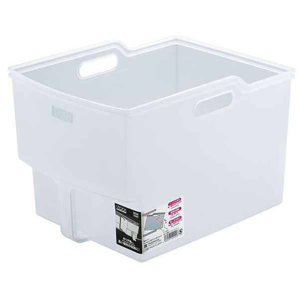 収納ストッカーです。下部にハンドルが付いて、吊り戸棚など高い場所から取り出しやすいです。両サイドには持ち手穴が付いており両手で持ち運べます。傾斜付きで狭い棚でも引き出しやすいです。キッチン・脱衣所・パントリーなどでお使いいただけます。●外寸...