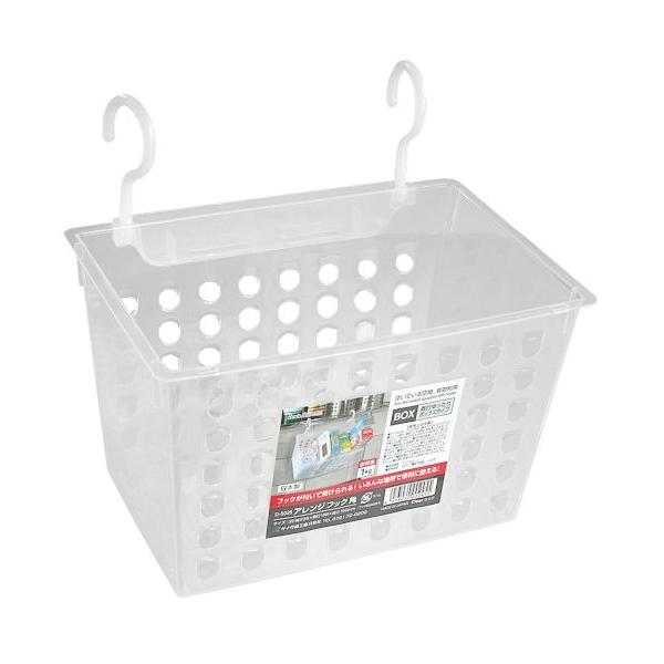 フック付きバスケットです。フックが2個付いており掛けて使用できます。吊下げ収納で空いてる空間を有効利用できます。●サイズ(約)・235×168×高さ150mm(フック部分は含まず)●耐荷重・1kg●色・クリア●耐熱100度/耐冷-20度●原...