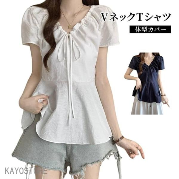 Vネック Tシャツ ブラウス レディース 白 夏 リボン トップス 半袖 シャツ 細見え 大きいサイズ ネイビー 無地 カジュアル シンプル 可愛い