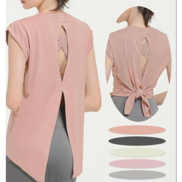 ・ちらりと見える背中がかっこいいヨガTシャツ・オープンバックデザインなので、身に着けるインナーによっていろんなコーデを楽しめます・バックは長めの丈で体系をカバー、スリットがウエスト周りをすっきり見せてくれます・スリット部分を結んでも使える2...