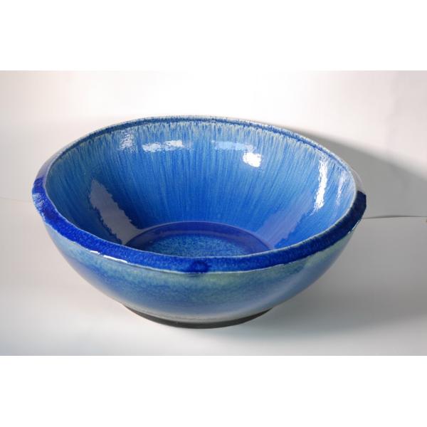 青色の球形陶器 青ガラス浅型水鉢 19号 （信楽焼・陶器・水鉢・メダカ鉢・めだか