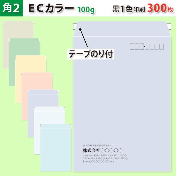 封筒作成 テープのり付き 角２ ＥＣカラー封筒に黒１色で名入れ印刷 300枚 角形2号封筒代込み 厚さ100g 標準配送料込み