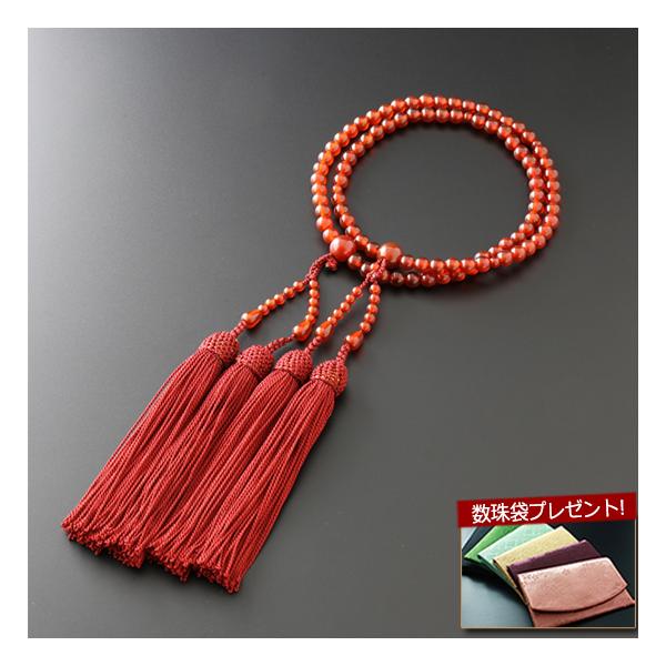 数珠 女性用 二連 八宗用 瑪瑙 念珠袋付き ＳＷ-090