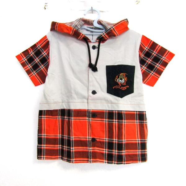 ジュンコ・コシノ パーカー トップス 半袖 チェック柄 未使用 キッズ 男の子用 110サイズ 白×オレンジ×黒 JUNKO KOSHINO