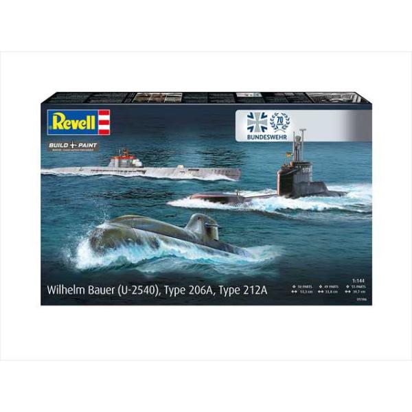 ドイツ連邦軍 70 周年: ヴィルヘルム バウアー、クラス 2 潜水艦さまざまな世代と技術的なマイルストーンを表す、ドイツ海軍の象徴的な潜水艦 3 隻のセット。 （ヴィルヘルム・バウアー、206A、U212A）・部品数：154点レベル 1/...