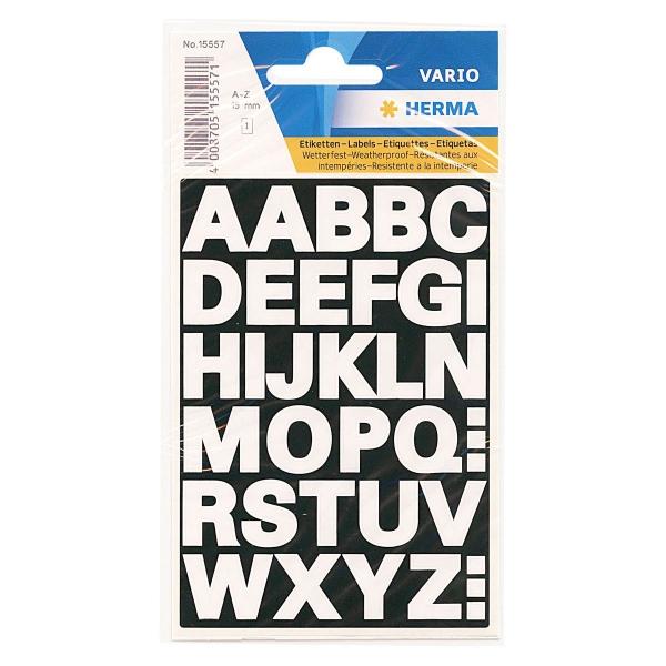防水仕様のシールです。屋外での使用にも便利です。白文字、A-Z、縦幅約15mm。※シールは、アルファベットの形に切り抜かれています文字サイズ：A：横約15mm、B：横約12mm、C：横約14mmD：横約14mm、E：横約11mmなど: 30...