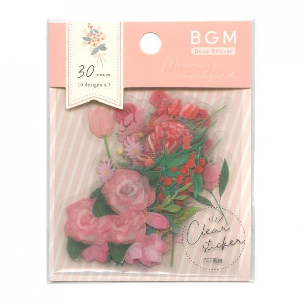 BGM PET素材 「朝の庭・ピンク」 30枚入 フレークシール / 花柄 大きめ クリア素材 コラージュ デコ