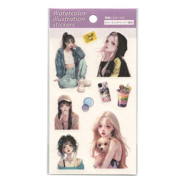 かわいい女の子とイケメンのイラストを水彩タッチでおしゃれに仕上げた、トレペシールです。透け感のあるトレーシングペーパー素材を使用しており、手帳やアルバム、スクラップブックなどのコラージュ素材に最適です。ガーリーな女の子、クールな女の子、王子...