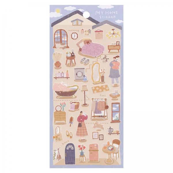 家の中で過ごす時間をイラストにしたシールです。台紙では、空の色合いによって時間帯や天候の違いを表現しています。: 600000024484: 200000004604: