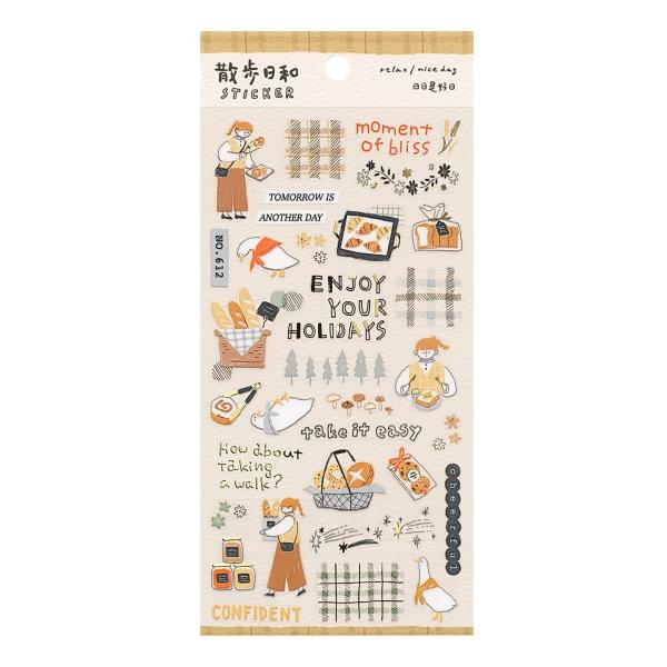 ペンで描いたようなはっきりとした線画のイラストシールです。女の子がいろいろなお店へ散歩しています。透明PET素材なので、それぞれを重ねて貼ることもできます。: 600000025339: 200000004994: