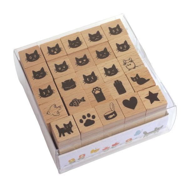 ウッドスタンプ 黒猫セット 手帳デコ 木製ハンコ WS-N-02 : 文具
