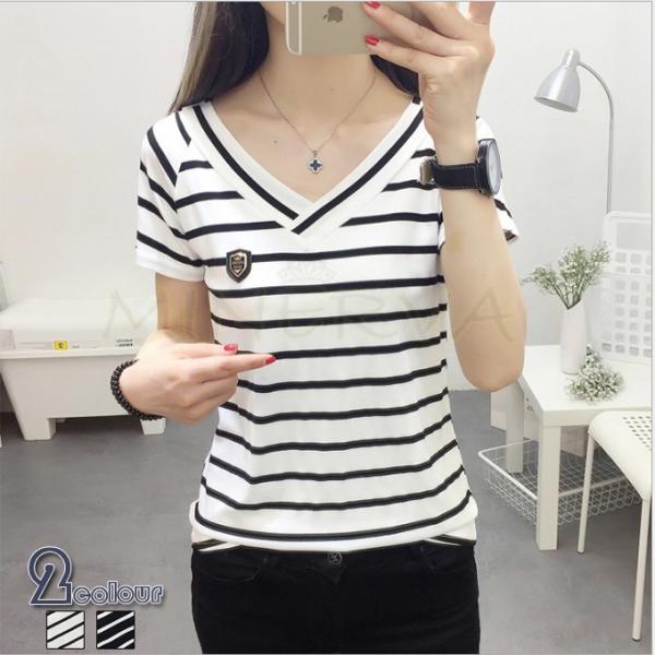 Tシャツ レディース ボーダーtシャツ スリム Vネック 半袖 ショット丈 ボーダー スカラップ シンプル トップス ファッション 新作 送料無料 Yf1285 Keepy 通販 Yahoo ショッピング