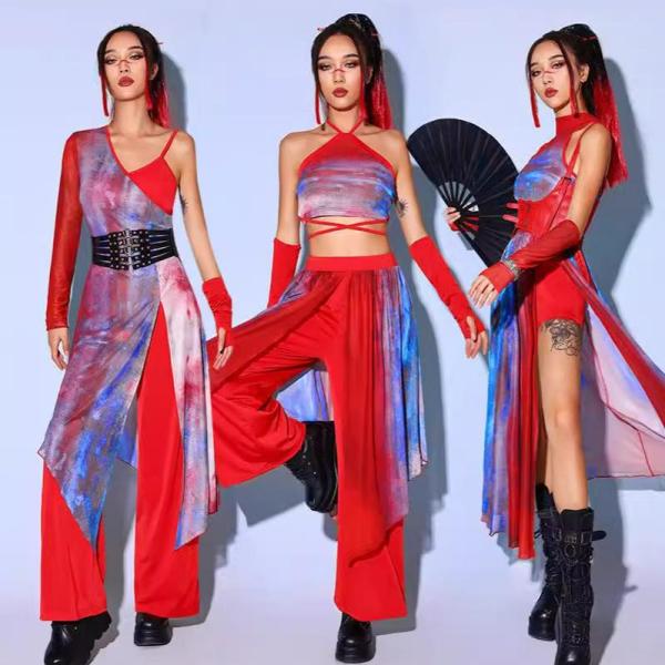 タイダイ柄 ダンス衣装 赤 セットアップ 大人 レディース チャイナ風 アイドル衣装 中華風 ジャズダンス 演出服 派手 DSダンス ヒップホップ