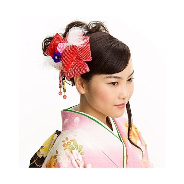 かのこキャリーリボン 髪飾り r レッド 赤 羽 つまみ細工 ちりめん 成人式 卒業式 簪 迅速な対応で商品をお届け致します 浴衣 ゆか 髪かざり 七五三 結婚式