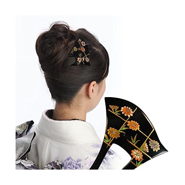 着後レビューで 送料無料 蒔絵かんざし 菊花格子 黒台 七五三母 髪飾り 着物 留袖 髪型 簪 和装