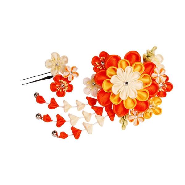 つまみ細工 髪飾り つまみかんざし２点セット オレンジ 橙色 シルク 成人式 七五三 簪 卒業式 浴衣 結婚式 通販 ゆかた 髪かざり 年中無休